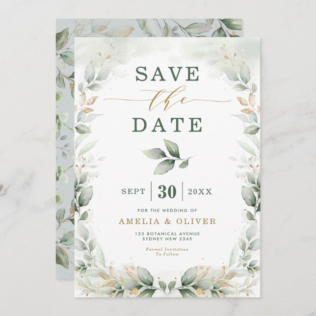 Invitación Dreamy Greenery Gold Eucalyptus Save the Date (Anverso / Reverso)