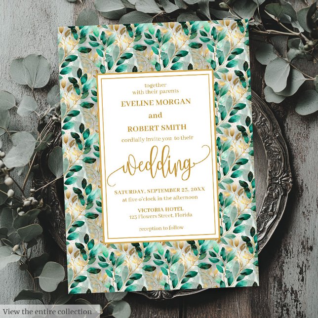 Invitación Dreamy Hunter Green Gold Greeneration Wedding (Dreamy Hunter Green Gold Greenery Wedding Invites)