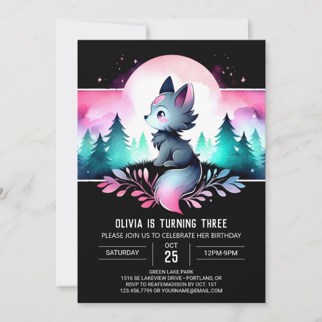 Invitación Dreamy Jungle Wolf Birthday (Anverso)