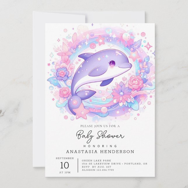 Invitación Dreamy Little Dolphin Baby Shower (Anverso)