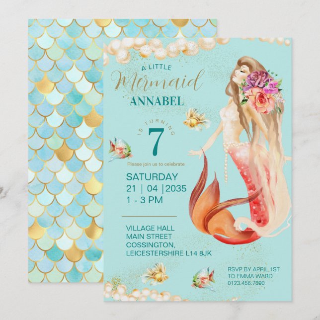 Invitación Dreamy Mermaid Birthday Party (Anverso / Reverso)