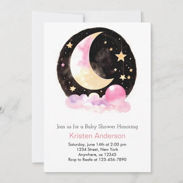 Invitación Dreamy Moon y Stars Chica Rosa Baby Shower (Anverso)