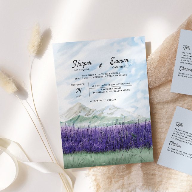 Invitación Dreamy Mountain Lavender Watercolor Boda (Watercolor Destination Wedding Invitation from my Mountain Lavender Wedding Collection)