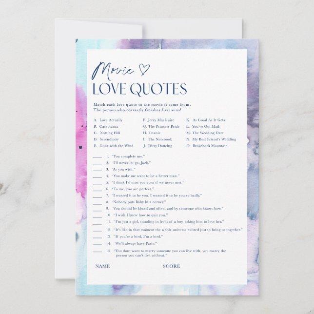 Invitación Dreamy Movie Love Quotes Bridal Shower Game Card (Anverso)