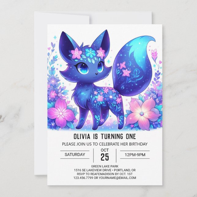 Invitación Dreamy Mythical Fox primer cumpleaños (Anverso)