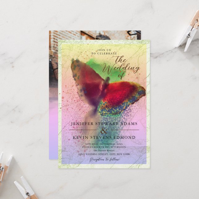 Invitación Dreamy Ombre Butterfly Photo Overlay Boda (Anverso/Reverso In Situ)