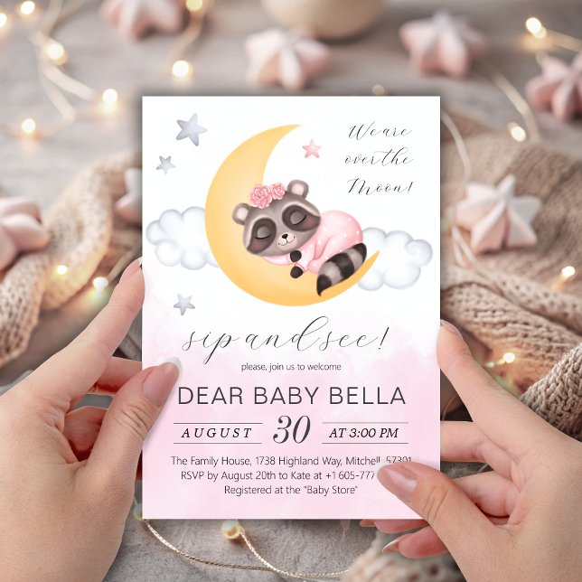 Invitación Dreamy Over the Moon Raccoon Chica Sip y See (Dreamy Over the Moon Raccoon Girl Sip and See Invitation)