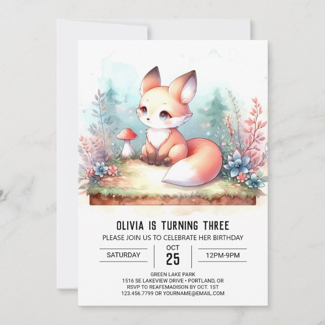Invitación Dreamy Personalizado Fox Birthday digital (Anverso)