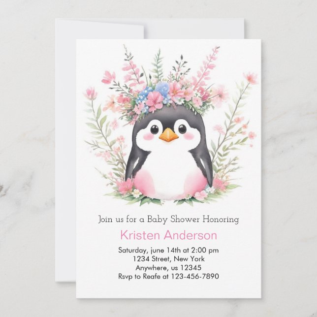 Invitación Dreamy Pingüino Rosa Delight Chica Baby Shower (Anverso)