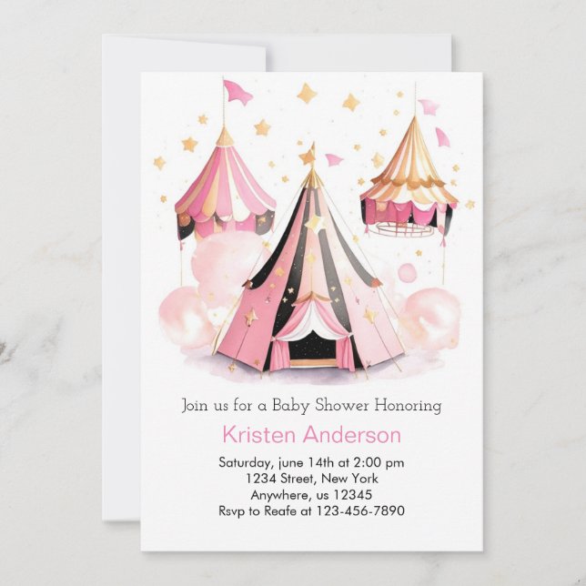 Invitación Dreamy Pink Big Top Circus Chica Baby Shower (Anverso)
