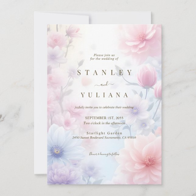 Invitación Dreamy Pink Blue Watercolor Fantasy Floral Fine (Anverso)