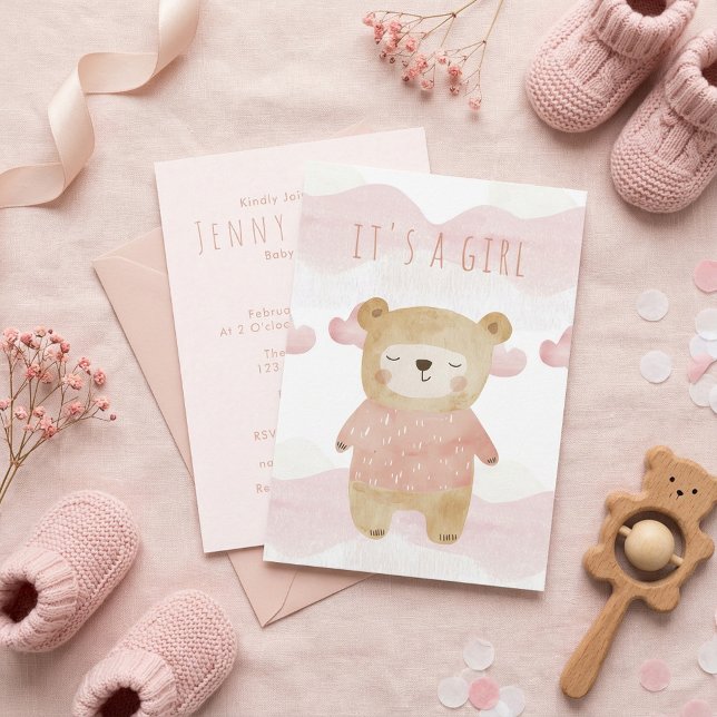 Invitación Dreamy Pink Teddy Bear Baby Shower es un chica (Dreamy Pink Teddy Bear Baby Shower it's a girl Invitation.)