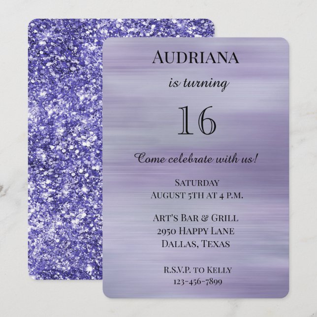 Invitación Dreamy Purple Lavender Glam Purpurina Birthday (Anverso / Reverso)