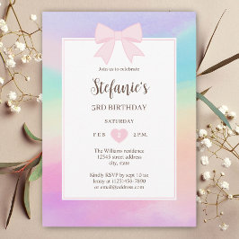 Invitación Dreamy Rainbow Watercolor Pink Bow Chica Birday