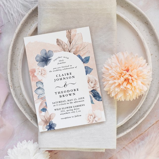 Invitación Dreamy Rubor Boda de arco floral rosa y azul (Subido por el creador)