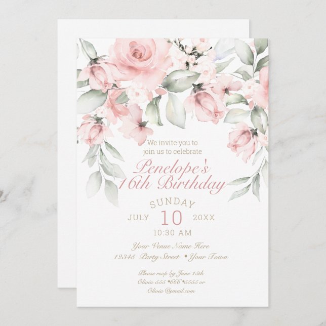 Invitación Dreamy Rubor Roses Rosa Dulce Dieciséis Cumpleaños (Anverso / Reverso)