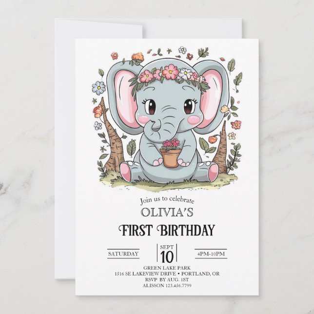Invitación Dreamy Simple Elephant 1er cumpleaños digital (Anverso)