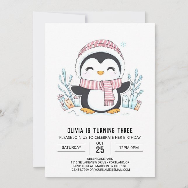 Invitación Dreamy Snowflake Penguin Nacimiento Digital (Anverso)
