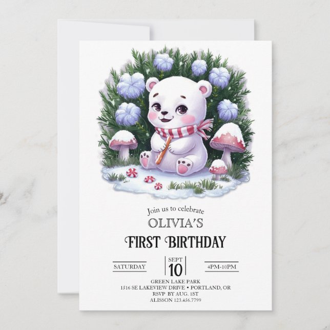 Invitación Dreamy Snowflake Polar Bear 1er cumpleaños digital (Anverso)