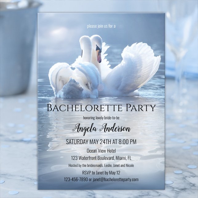 Invitación Dreamy Swan Lake Bachelorette Party (Elegant bachelorette party invitation featuring two swans in love on a hazy sunlit lake)