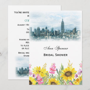 Invitación Dreamy Teal NYC Skyline Sunflower Desayuno de Novi