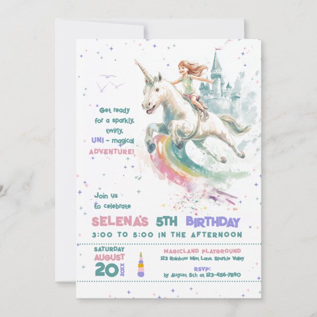 Invitación Dreamy Unicorn Ride Princesa Chica fiesta de cumpl (Anverso)