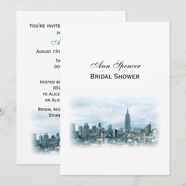 Invitación Dreamy Verde azulada NYC Skyline Bridal Shower V (Anverso / Reverso)