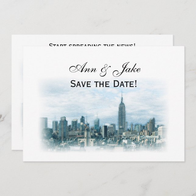 Invitación Dreamy Verde azulada NYC Skyline Guardar la fecha  (Anverso / Reverso)