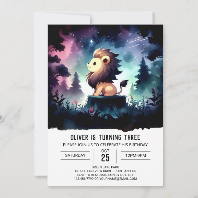 Invitación Dreamy Watercolor León Cumpleaños (Anverso)
