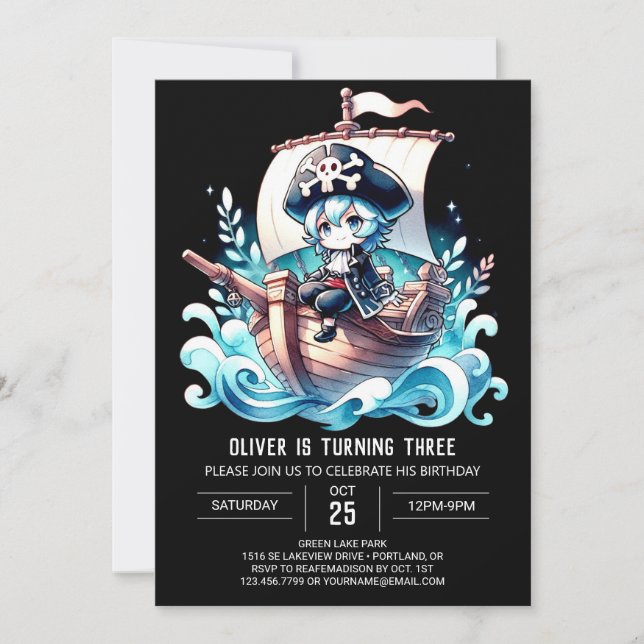 Invitación Dreamy Watercolor Pirate Cumpleaños (Anverso)