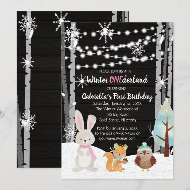 Invitación Dreamy Woodland Forest Animals Onederland Cumpleañ (Anverso / Reverso)
