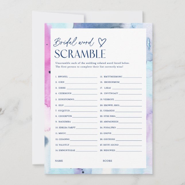 Invitación Dreamy Word Scramble Bridal Party Game Card (Anverso)