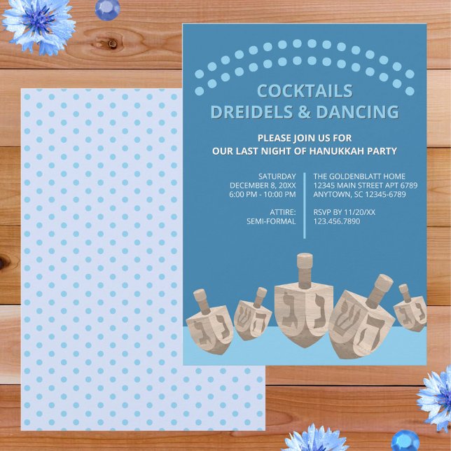 Invitación Dreidel Rustic Oak Cute Hanukkah Fiesta de cena (So easy to personalize, these dreidel Hanukkah party invitations will announce your event in style)