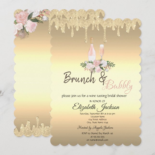 Invitación Drenaje de oro Brunch & Bubbly Flowers Bridal Show (Anverso / Reverso)