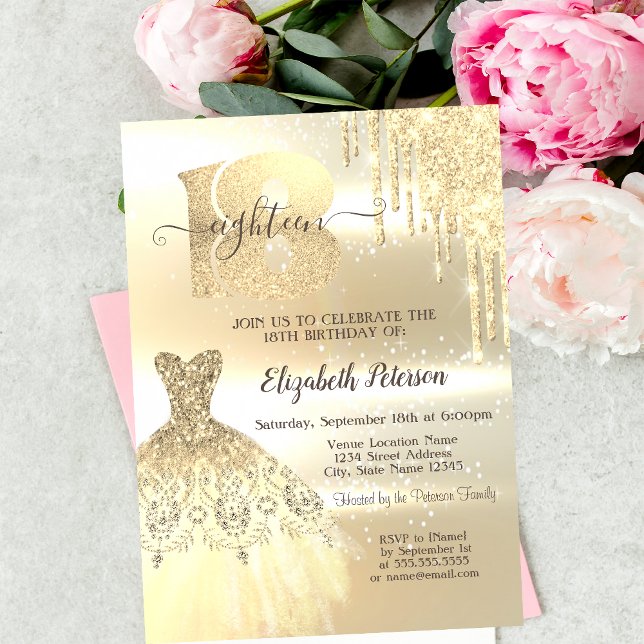 Invitación Drenajes de Purpurina de oro, fiesta de cumpleaños (Subido por el creador)