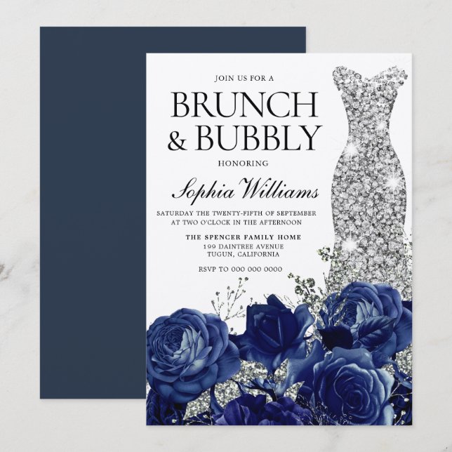 Invitación Dress azul plateado Brunch & Bubbly Bridal Shower (Anverso / Reverso)
