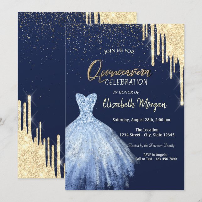 Invitación Dress Azul Purpurina de oro Drip Quinceañera (Anverso / Reverso)