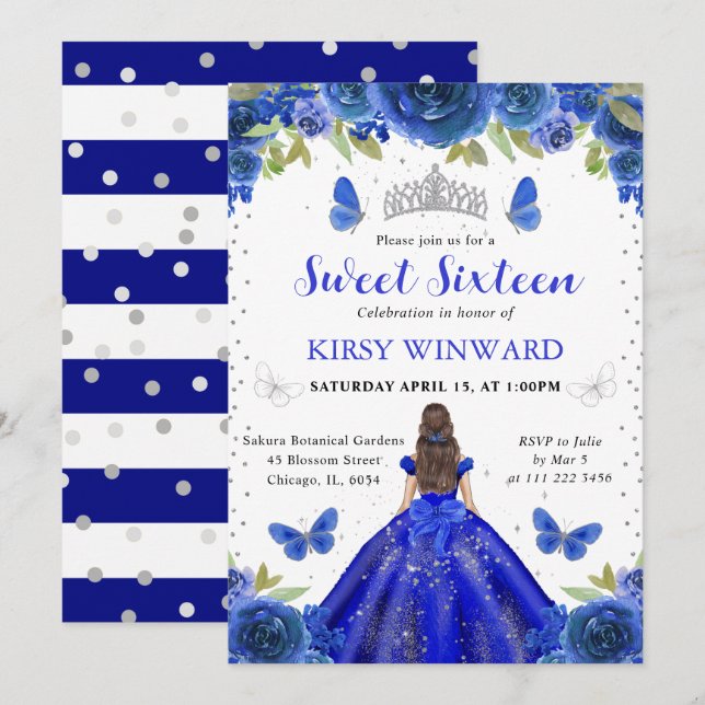 Invitación Dress azul real Brunette Princess Sweet 16 (Anverso / Reverso)