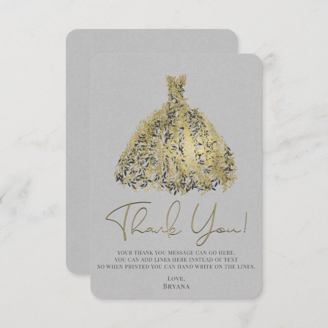 Invitación Dress Botánico Moderno Gris Natural Oro Gracias (Anverso / Reverso)