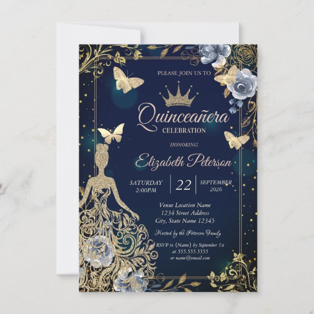 Invitación Dress,Butterfllies Navy Blue Flowers Quinceañera (Anverso)