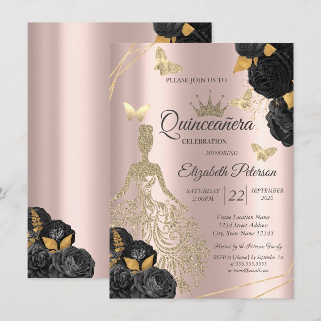 Invitación Dress,Butterfly Black Roses Rose Gold Quinceañera (Anverso / Reverso)