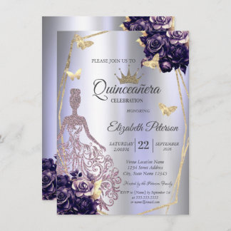 Invitación Dress,Butterfly Violet Roses Lavender Quinceañera