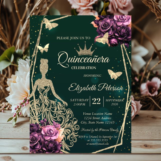 Invitación Dress,Butterfly Violet Roses Stars Quinceañera (Subido por el creador)