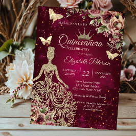 Invitación Dress Chic,Mariposa Floral Rojo Quinceañera