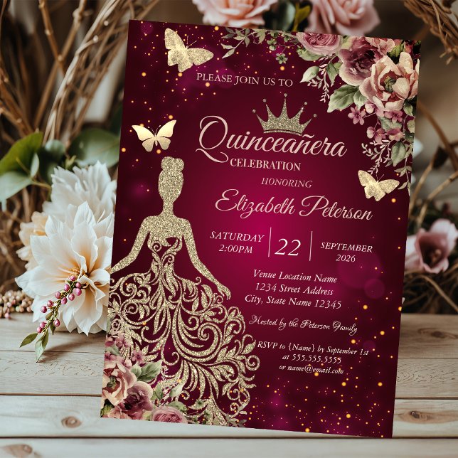 Invitación Dress Chic,Mariposa Floral Rojo Quinceañera (Subido por el creador)