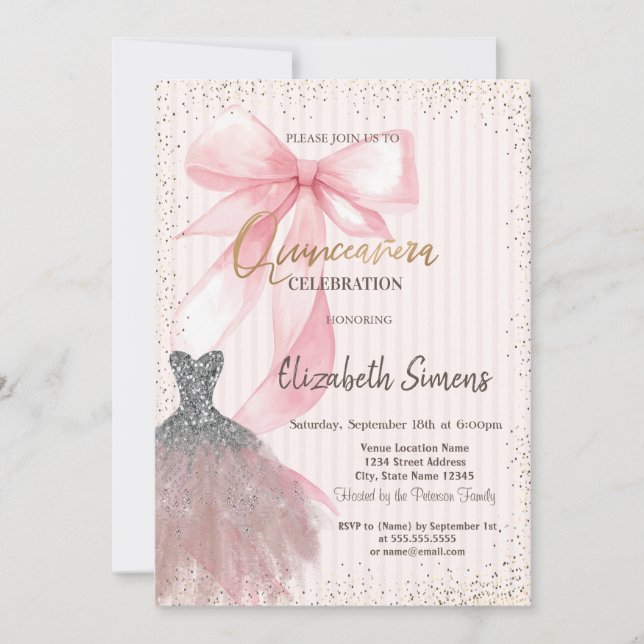 Invitación Dress Confetti,Pink Bow Striped  (Anverso)