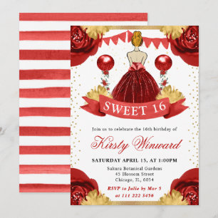 Invitación Dress de Acuarela Rojo Princesa Pelirroja Sweet 16