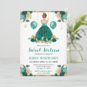 Invitación Dress de Teal Princesa Cabello Rojo Dulces 16