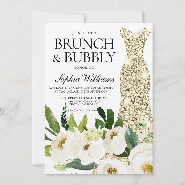 Invitación Dress dorado Brunch & Bubbly Bridal Shower (Anverso)