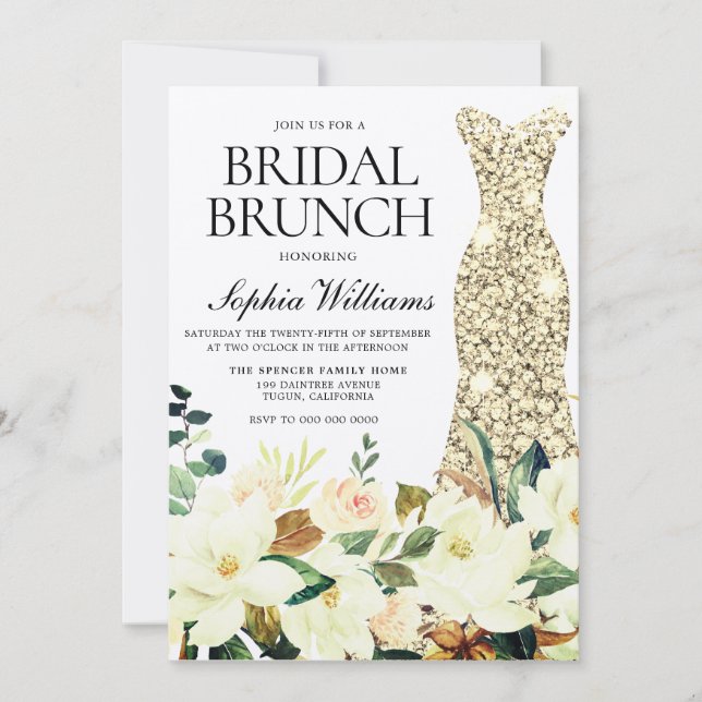 Invitación Dress dorado Floral Bridal Shower Brunch (Anverso)